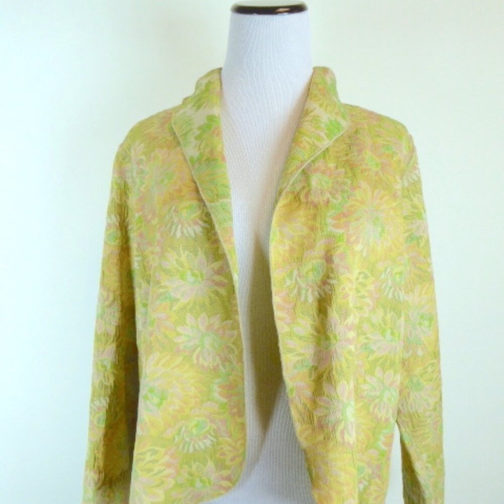 HARARI gold green floral brocade 100% COTTON OPEN blazer JACKET TOP M